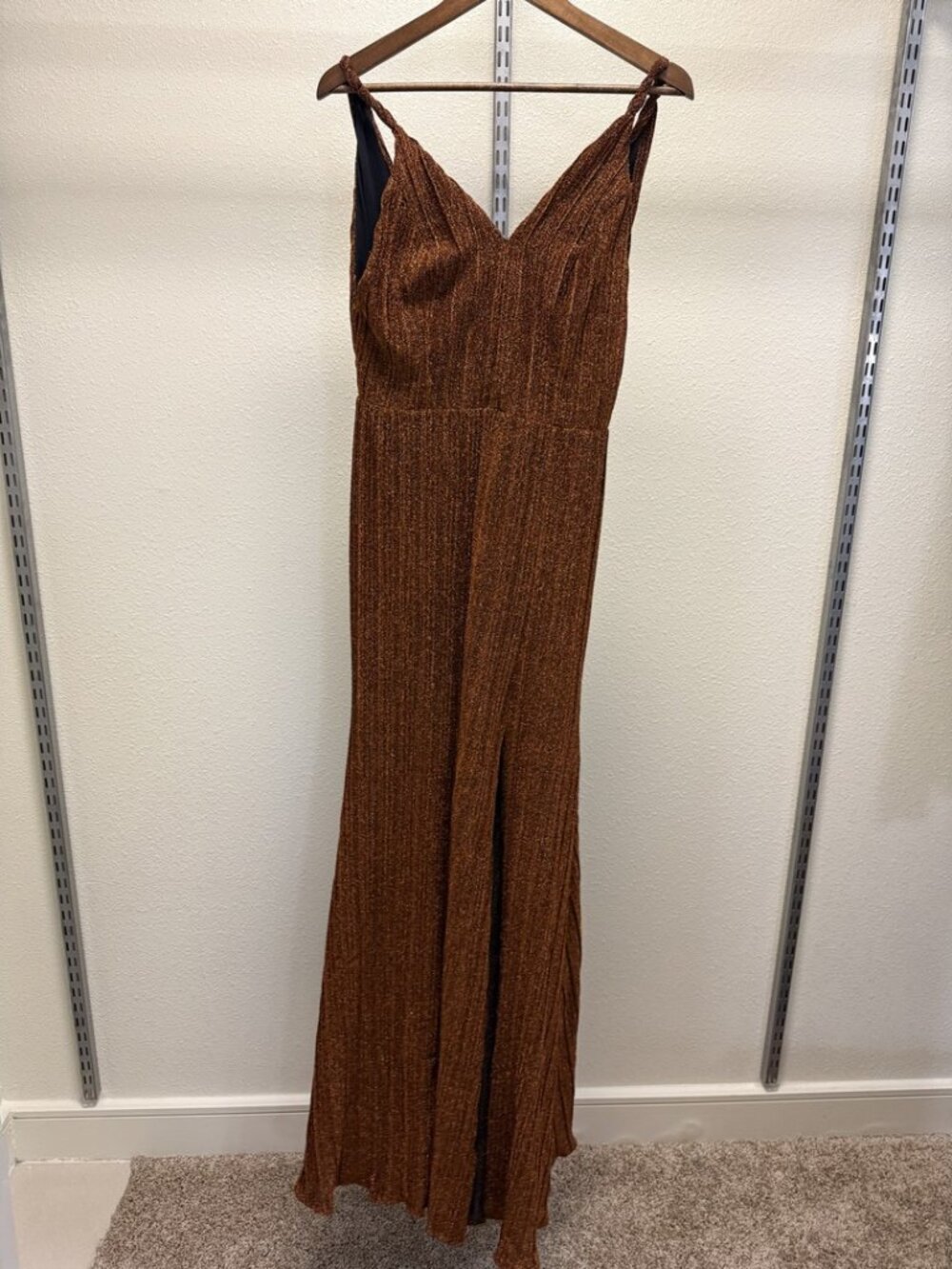 PatBO Pleated Lurex Gown Copper Metallic V Neck Slit Evening BR 40 US 8 w Belt